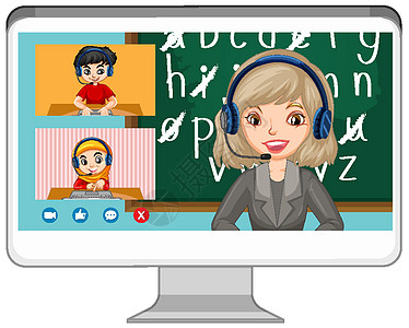 白色背景电脑屏幕上的学生视频聊天在线屏幕伴侣孩子科学学习孩子们友谊卡通片朋友们队友问候语图片