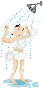 女孩用泡沫泡沫和淋浴头隔离洗澡图片