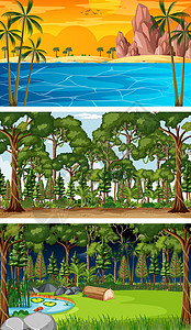 不同时间的不同森林水平场景集日出国家卡通片天气橙子收藏棕榈荒野艺术太阳图片
