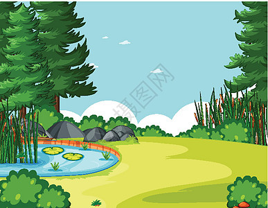 自然公园场景中的空白天空与 tre花园艺术品插图蓝色沼泽卡通片艺术液体环境风景图片