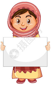 可爱的年轻女孩卡通人物拿着空白的旗帜孩子情感微笑女性插图瞳孔横幅孩子们框架女士背景图片