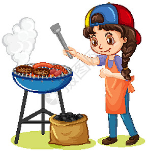 白色背景上有食物的女孩和烧烤炉图片