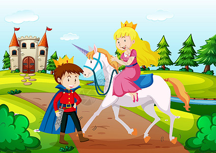 童话世界场景中的王子和公主故事孩子们民间生物动物评书建筑孩子皇家堡垒图片
