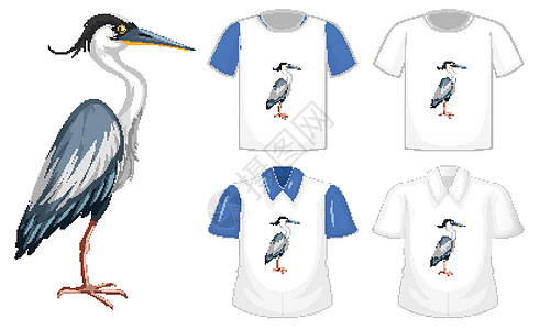 一套不同的衬衫 上面有大蓝鹭卡通人物 背景是白色的生物动物小样衣服衣领标识展示蓝色商品苍鹭图片