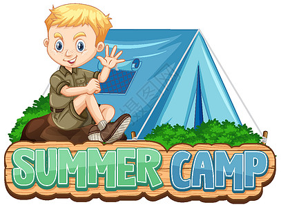 与可爱的孩子在标准杆夏令营的字体设计字母风景学生瞳孔场景帐篷少年冒险插图男生图片