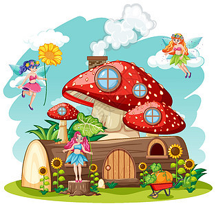 白色背景上带有蘑菇和木屋的童话孤立的卡通风格图片