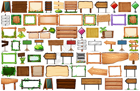 各种类型的标志旗帜一套广告牌边界框架绘画卡通片收藏空白指示牌交通木头图片
