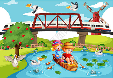 孩子们在溪流城市场景中划船图片