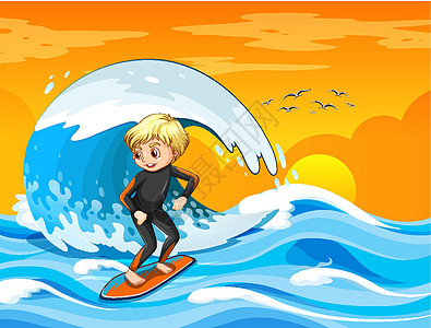 海洋场景中的大浪与男孩站在冲浪野猪上孩子卡通片运动行动爱好学校天空木板边界液体图片