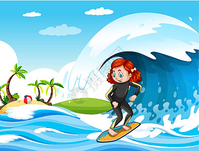 海洋场景中的大浪与站在冲浪野猪上的女孩孩子剪贴幼儿园学校卡通片天气边界男性指示牌爱好图片
