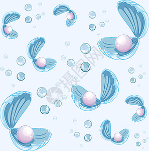 蓝色背景上贝壳卡通风格的珍珠集图片