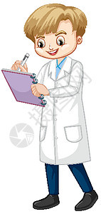 可爱的男孩在白色背景上的实验室礼服字体科学男性笔记表演实验服情感卡通片瞳孔青年图片