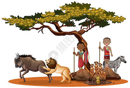 非洲部落和野生动物的种族人民角马荒野衣服文化卡通片女性孩子建筑动物植物图片