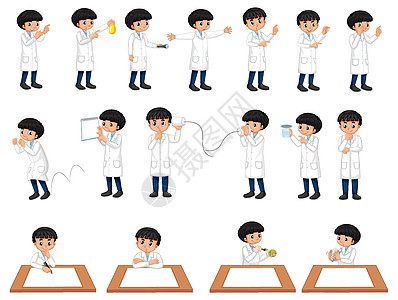 一组不同姿势卡通人物的科学家男孩男孩们活动剪贴学生孩子们少年艺术化学幼儿园插图图片