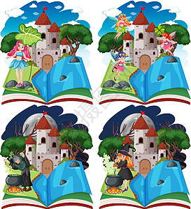 一套童话故事和城堡塔在白色背景上弹出书卡通风格图片