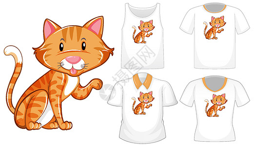 猫卡通人物与一套不同的衬衫隔离在白色背景宠物橙子孩子团体女士短袖生物男性女性动物图片