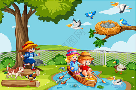 孩子们在溪流公园场景中划船插图旅行歌曲飞行女孩行动男孩们孩子环境情感图片