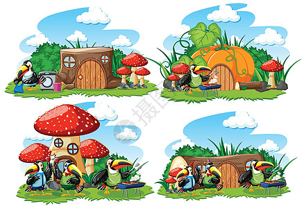 花园中的一组奇幻房屋 白色背景上有可爱的动物民间插图卡通片指示牌玉米动物群框架孩子们青年派对图片