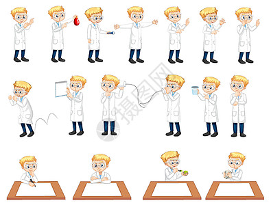 一组不同姿势卡通人物的科学家男孩艺术女性团体活动卡通片研究员时代男人童年学生图片