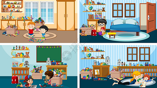 孩子们在不同房间玩耍和阅读的四个场景图片