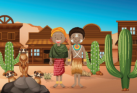 西部背景中的非洲部落民族女孩青年衣服村庄沙漠绘画戏服卡通片社区男人图片