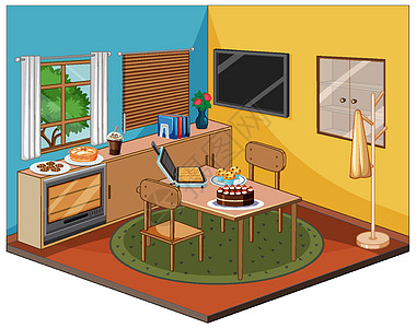带家具的餐厅内部用餐房间座位卡通片窗帘厨房桌子设施绘画蛋糕图片