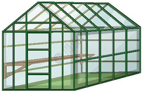 白色背景上有玻璃墙的空温室植物建筑绿色卡通片建筑学插图绘画农场场景玻璃图片
