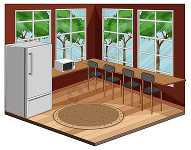餐厅内部配有现代风格的家具插图冰箱展示用餐建筑学房子房间座位绘画柜台图片