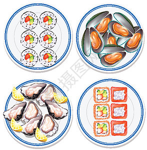 平台上食物的鸟瞰图贝类海鲜艺术绘画盘子寿司夹子牡蛎插图卡通片图片