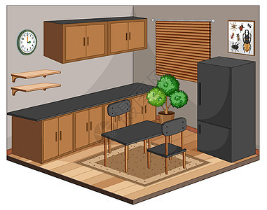 餐厅内部配有现代风格的家具设施厨房冰箱用餐绘画建筑学卡通片艺术架子插图图片
