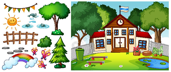 具有孤立卡通人物和物体的学校场景森林植物空白教育卡通片生态栅栏上学插图环境图片