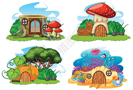一套孤立的侏儒童话房子卡通风格的白色背景插图木材童年民间南瓜生物小精灵孩子场景想像力图片