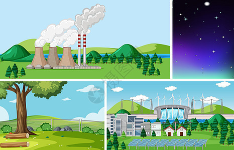 自然环境卡通风格中的四个不同场景环境卡通片团体天空植物绘画面具季节森林建筑图片