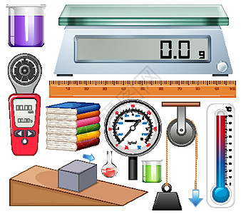 白色背景上的大套科学设备实验室图书插图温度计绘画材料测量统治者卡通片烧杯图片