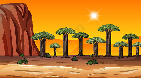 在日落蒂姆的非洲大草原森林风景场面自然公园赤道草原丛林辉光卡通片夹子干旱剪贴图片