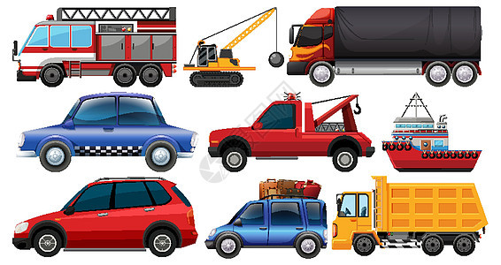 一组不同种类的汽车和卡车隔离在白色背景上货车剪贴涡轮艺术吉普车运输机器收藏车轮插图图片