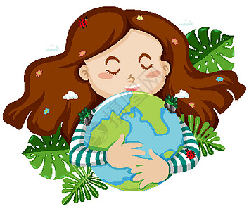可爱的女孩拥抱蓝色地球与背景中的叶子图片