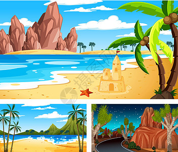 三个不同性质的横向场景棕榈石头风景收藏插图天空团体卡通片艺术干旱图片
