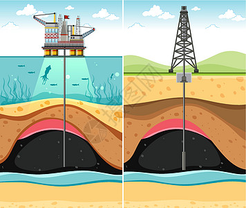 通过陆地和海洋钻油井到地下石油图片