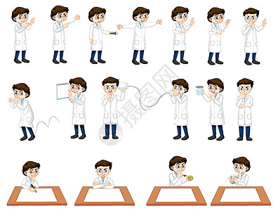 一组不同姿势卡通人物的科学家男孩实验室风俗化学学生夹子童年女孩卡通片孩子剪贴图片