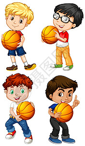 拿着篮球的逗人喜爱的小男孩卡通人物头发插图男生卡通片青年乐趣活动微笑孩子时代图片