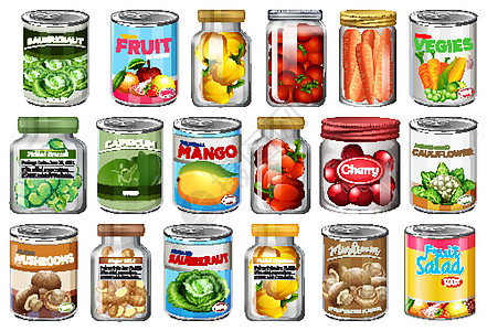 一组不同的罐头食品和罐装食品隔离火腿水果烹饪团体艺术贮存收藏包装产品营养图片
