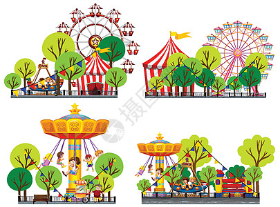 儿童游乐马戏团的四个场景有很多骑插画