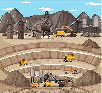 带起重机和卡车的采煤场面景观煤炭场景夹子插图卡通片风景煤路绘画环境艺术图片