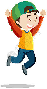一个快乐的男孩 戴着帽子 跳跃着卡通风格的孤立图片