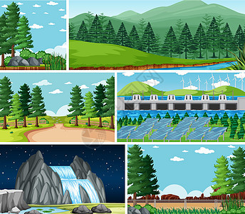 自然环境卡通风格中的六个不同场景团体卡通片土地公园季节叶子树叶瀑布森林植物图片