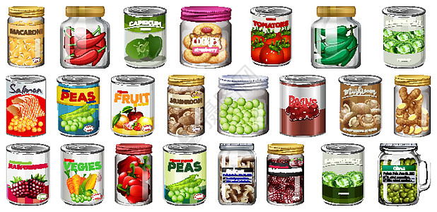 一组不同的罐头食品和罐装食品隔离玉米蔬菜贮存菠萝团体插图营养水果产品卡通片图片