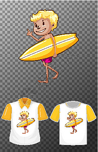 拿着黄色冲浪板卡通人物的男孩 透明背景上有两种衬衫运动收藏短袖产品马球孩子边界少年衣服团体图片