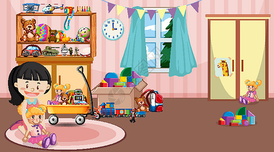 女孩在房间里玩玩具的场景享受快乐家具女性娱乐孩子娃娃插图游戏喜悦图片