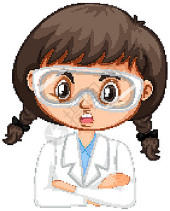 白色背景上穿着科学长袍的女孩戏服微笑科学家卡通片教育青年表演女性插图学习图片
